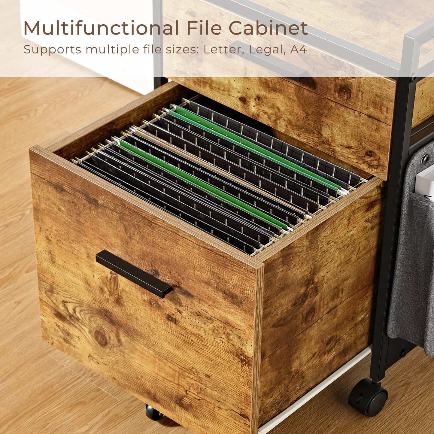 Rustic Brown 23 Rolling File Cabinet Drawer With Black Handle, Supports Letter, Legal, a4 File Sizes.