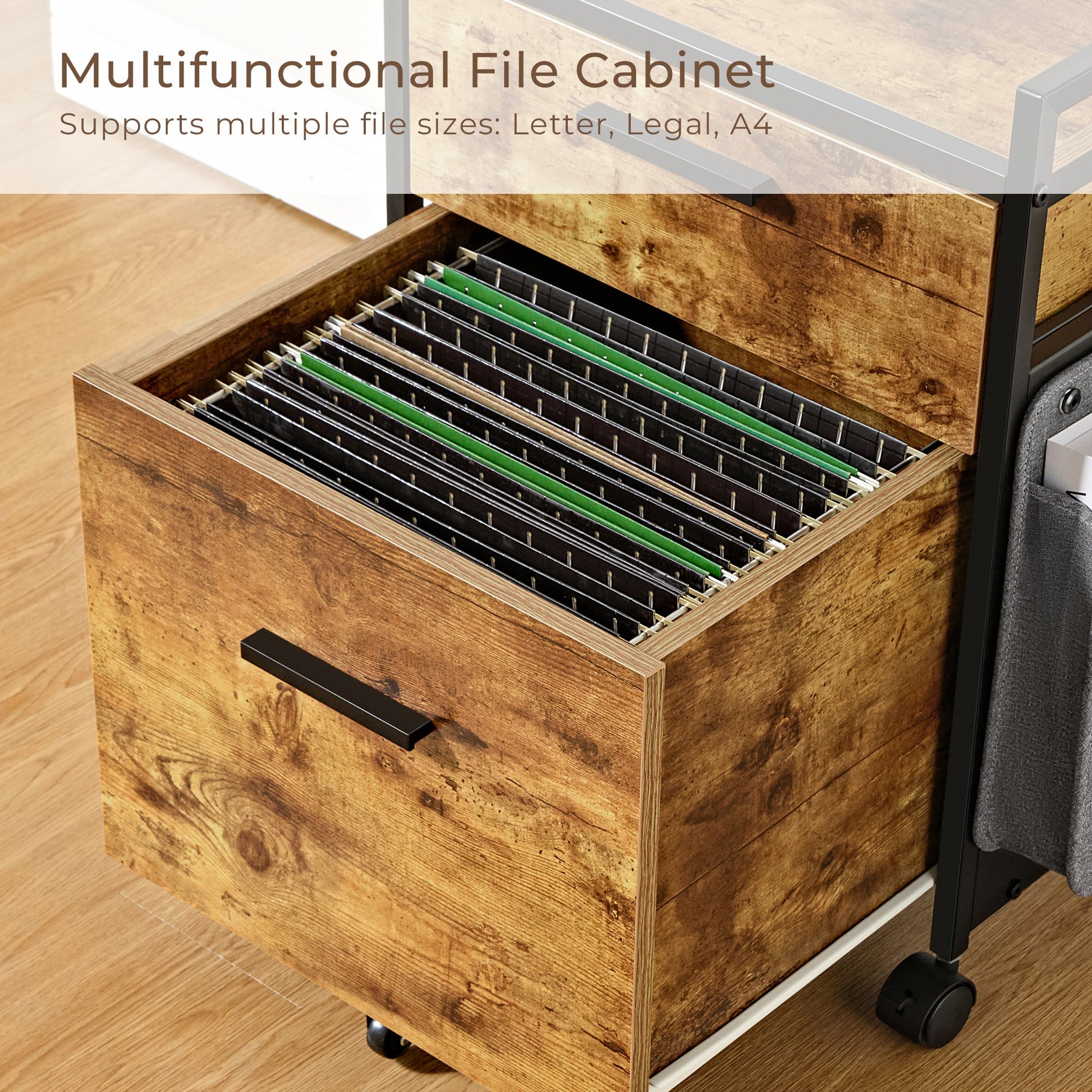 Rustic Brown 23 Rolling File Cabinet Drawer With Black Handle, Supports Letter, Legal, a4 File Sizes.