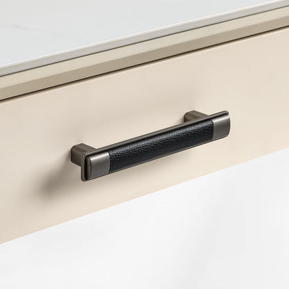 Eureka Ergonomic Ark Executive Standing Desk Drawer Handle With Black Leather Grip and Wooden Drawer Detail.