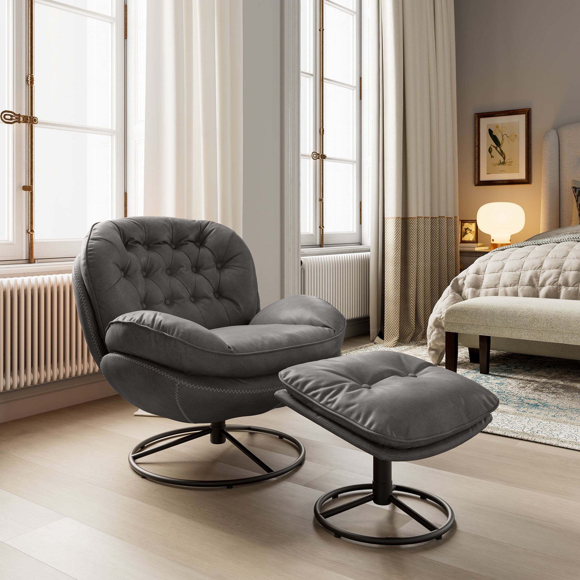 Swivel lounge chair with ottoman set in living room
