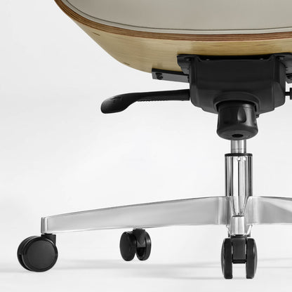 Eureka Ergonomic Mathias executive chair base: silver 5-star base, black casters, adjustment lever, wood veneer, Napa leather seat.