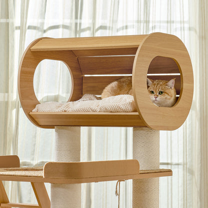 Eureka Ergonomic Ginger cat rests in Babylon 76" cat tree condo, featuring a wooden cylinder with sisal posts and a plush cushion.