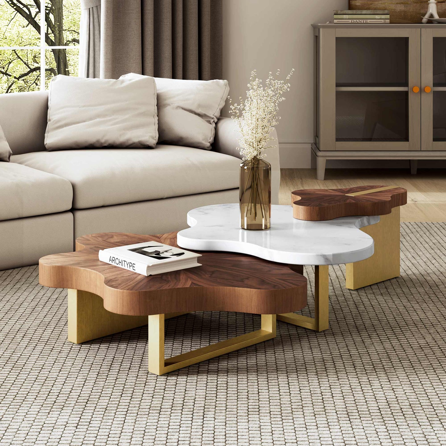 Cloud Coffee Table Set, Walnut Wood, White Marble Top, Gold Legs, Architype Book, Modern Design.