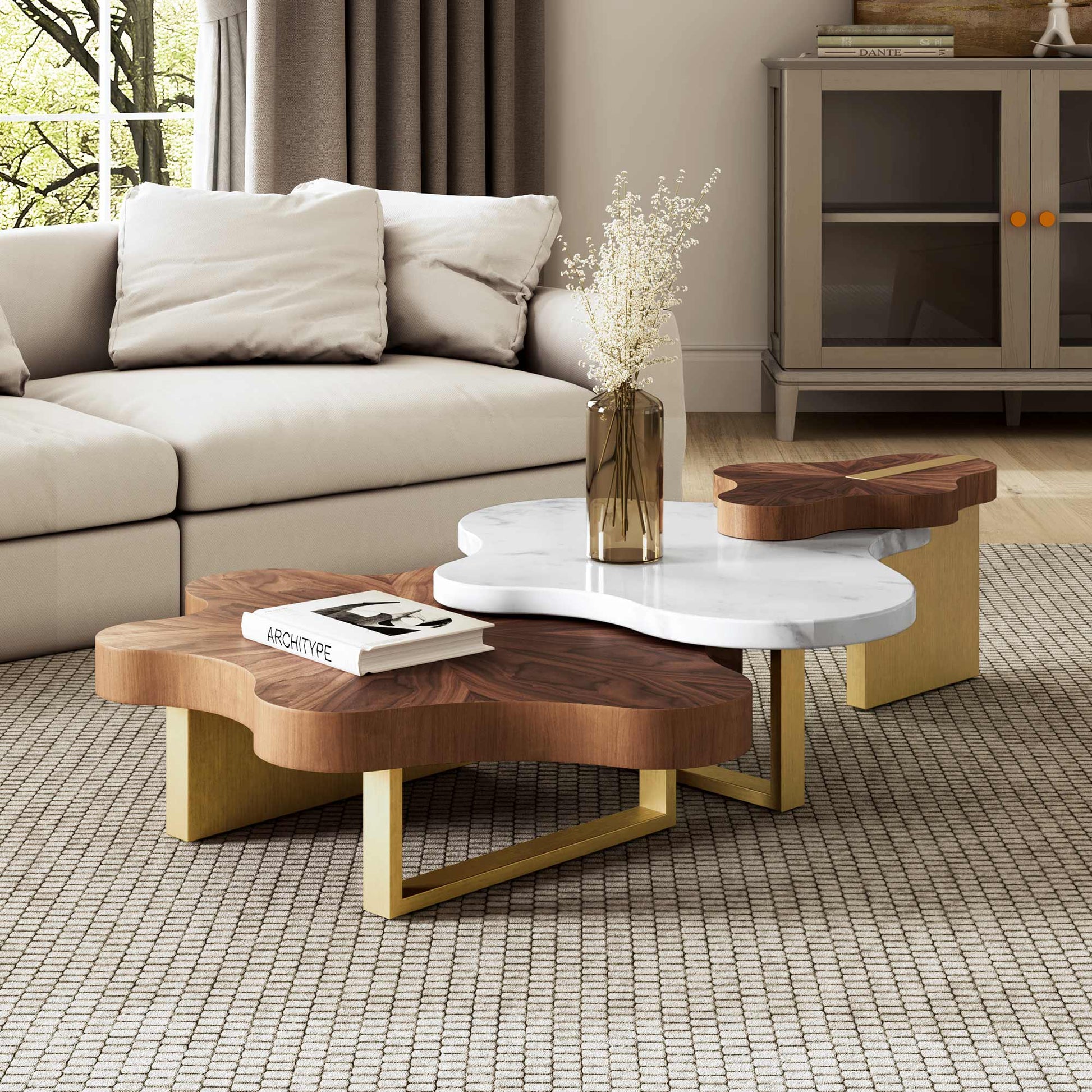 Cloud Coffee Table Set, Walnut Wood, White Marble Top, Gold Legs, Architype Book, Modern Design.