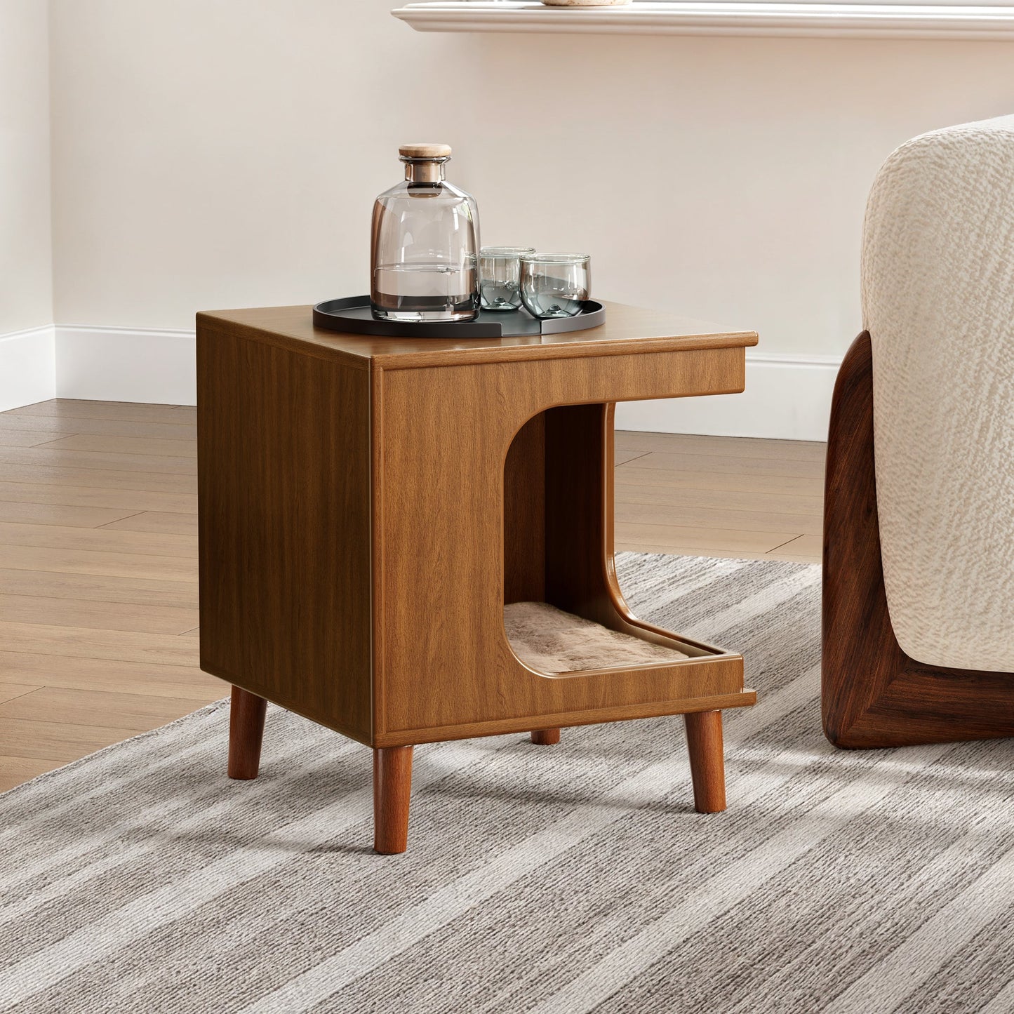 Wooden Cat Bed Side Table With Integrated Cat Hideaway, a Stylish and Functional Furniture Piece for Cat Owners.
