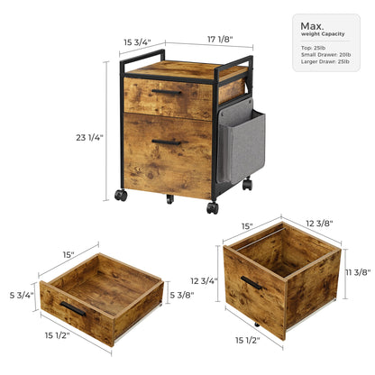 23 Rustic Brown Rolling File Cabinet With Drawer, Storage Bag and Weight Capacity.