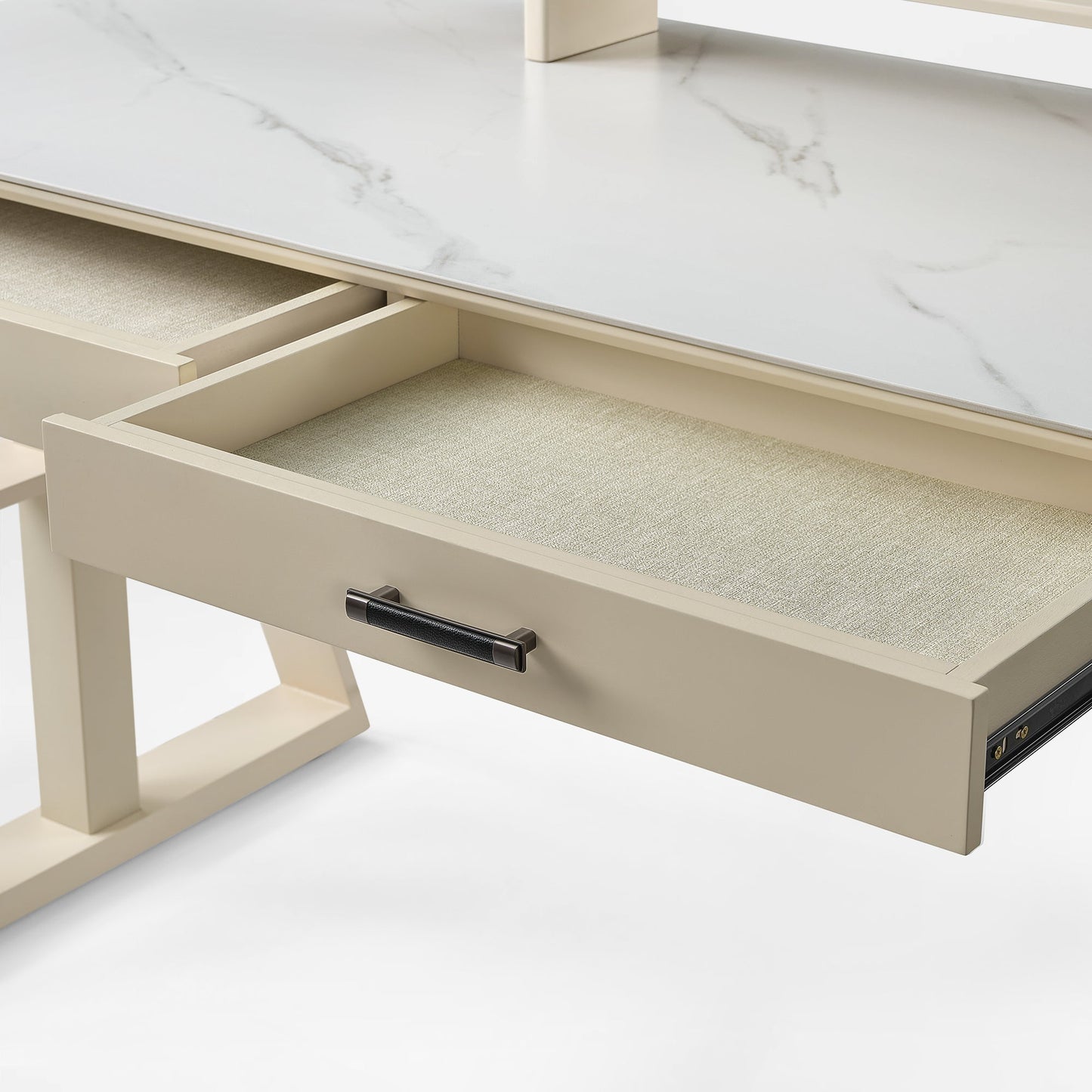Eureka Ergonomic Ark Standing Desk Drawer Detail With White Fabric and Wood.