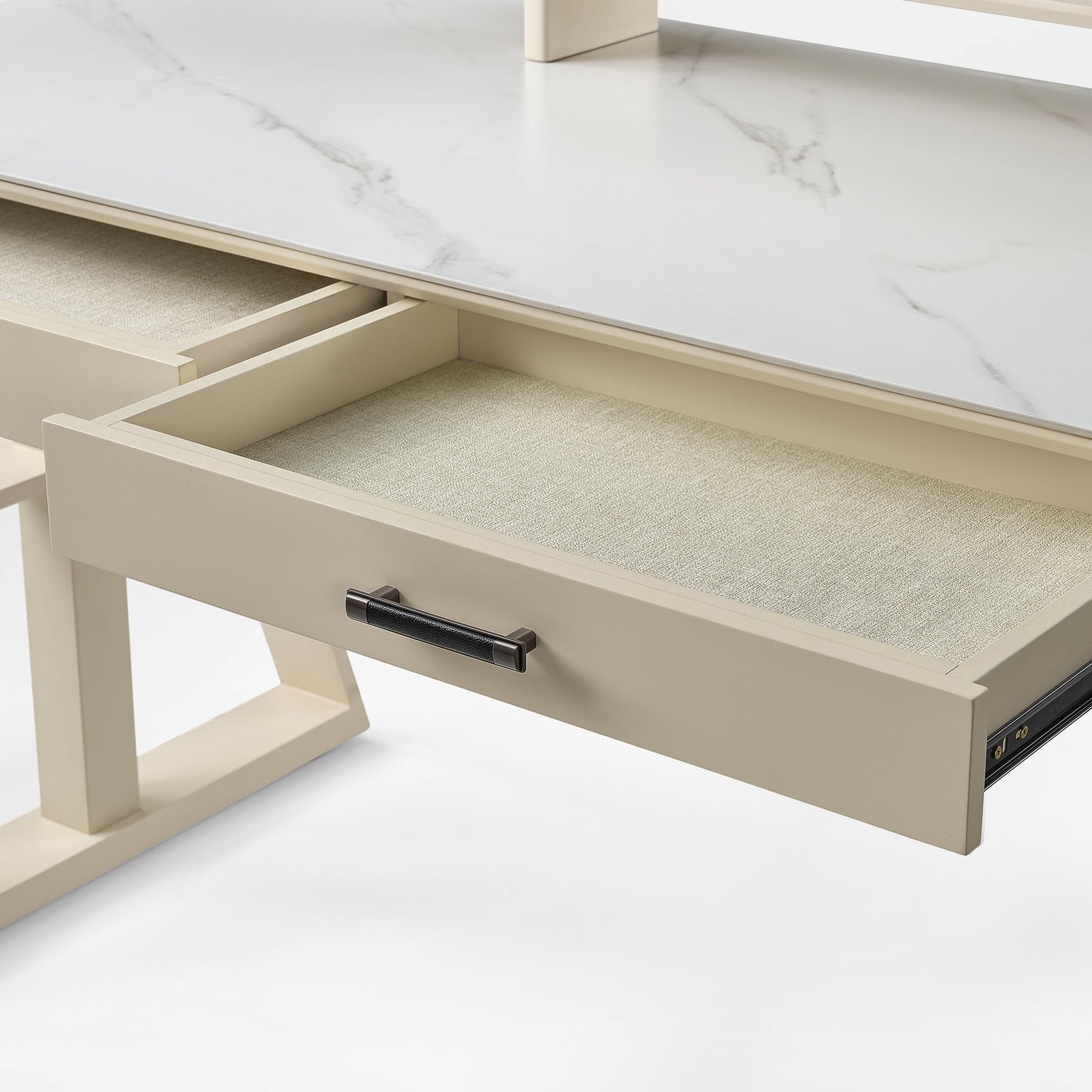 Eureka Ergonomic Ark Standing Desk Drawer Detail With White Fabric and Wood.