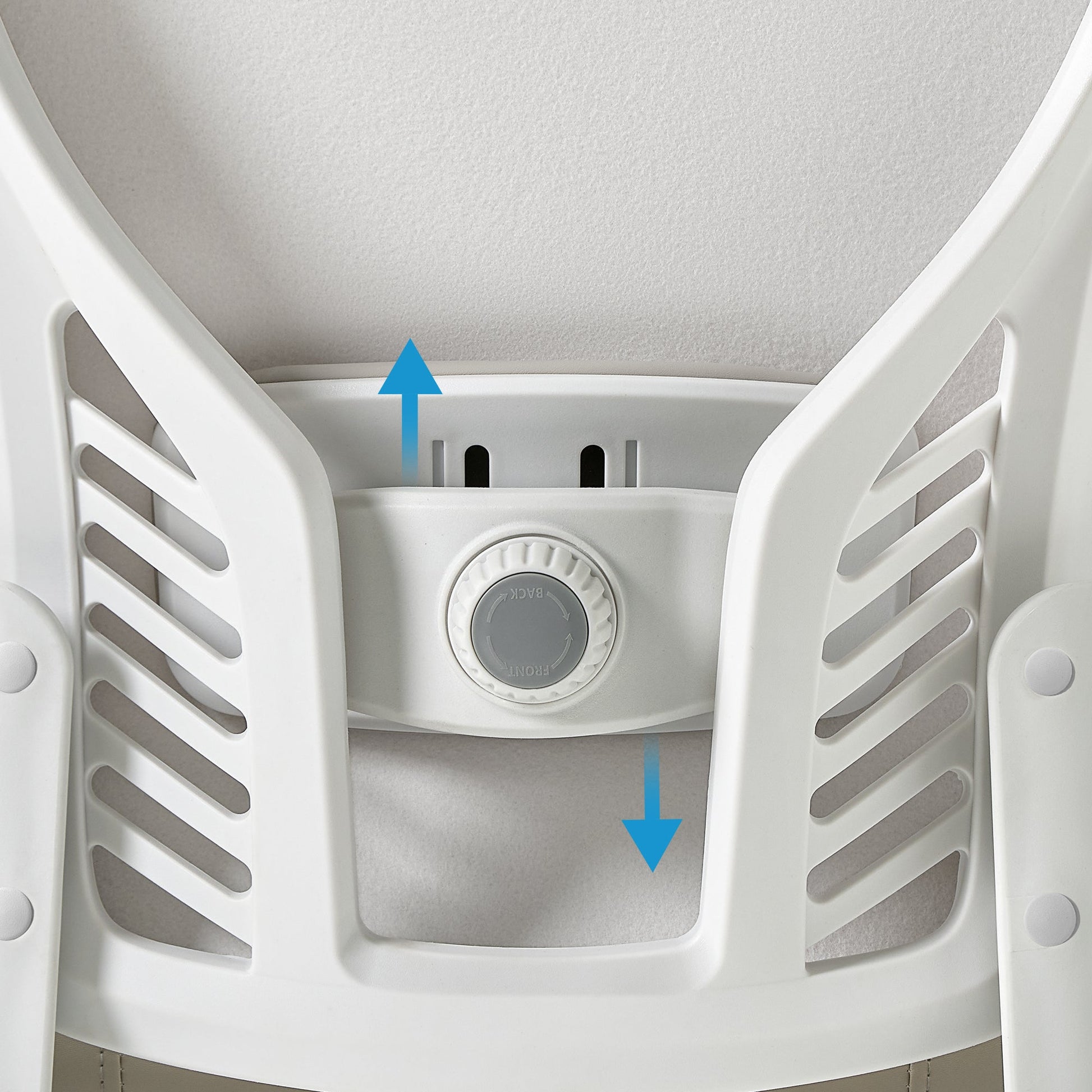 Eureka Ergonomic Vera ergonomic office chair adjustment knob with FRONT/BACK labels on white frame, demonstrating mechanism.