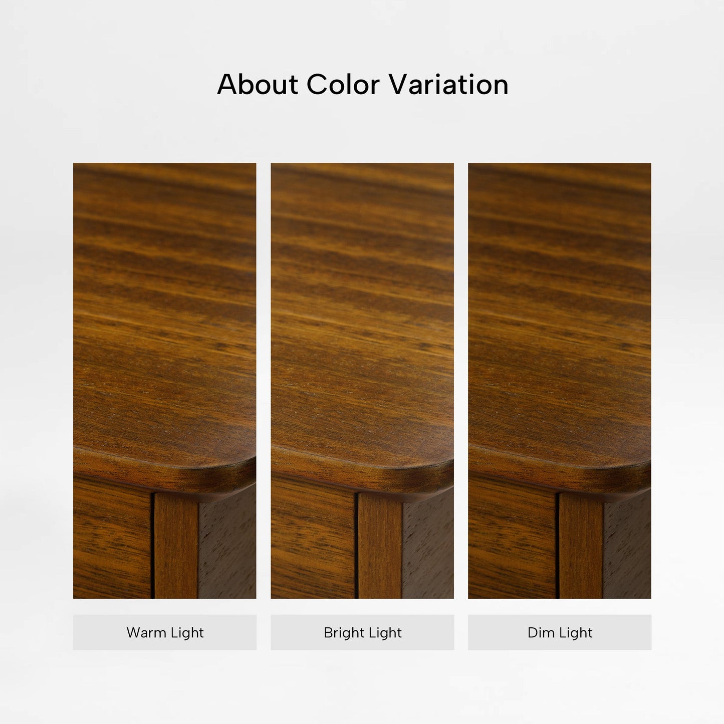 Eureka Ergonomic Ark Pro L-Shaped Standing Desk walnut finish color variations under warm, bright, and dim light.