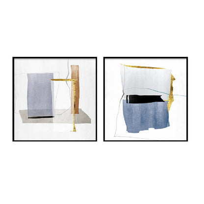 Set of 2 Abstract Wall Art Prints in Blue, Gold, Gray, and Brown Geometric Shapes, Framed.