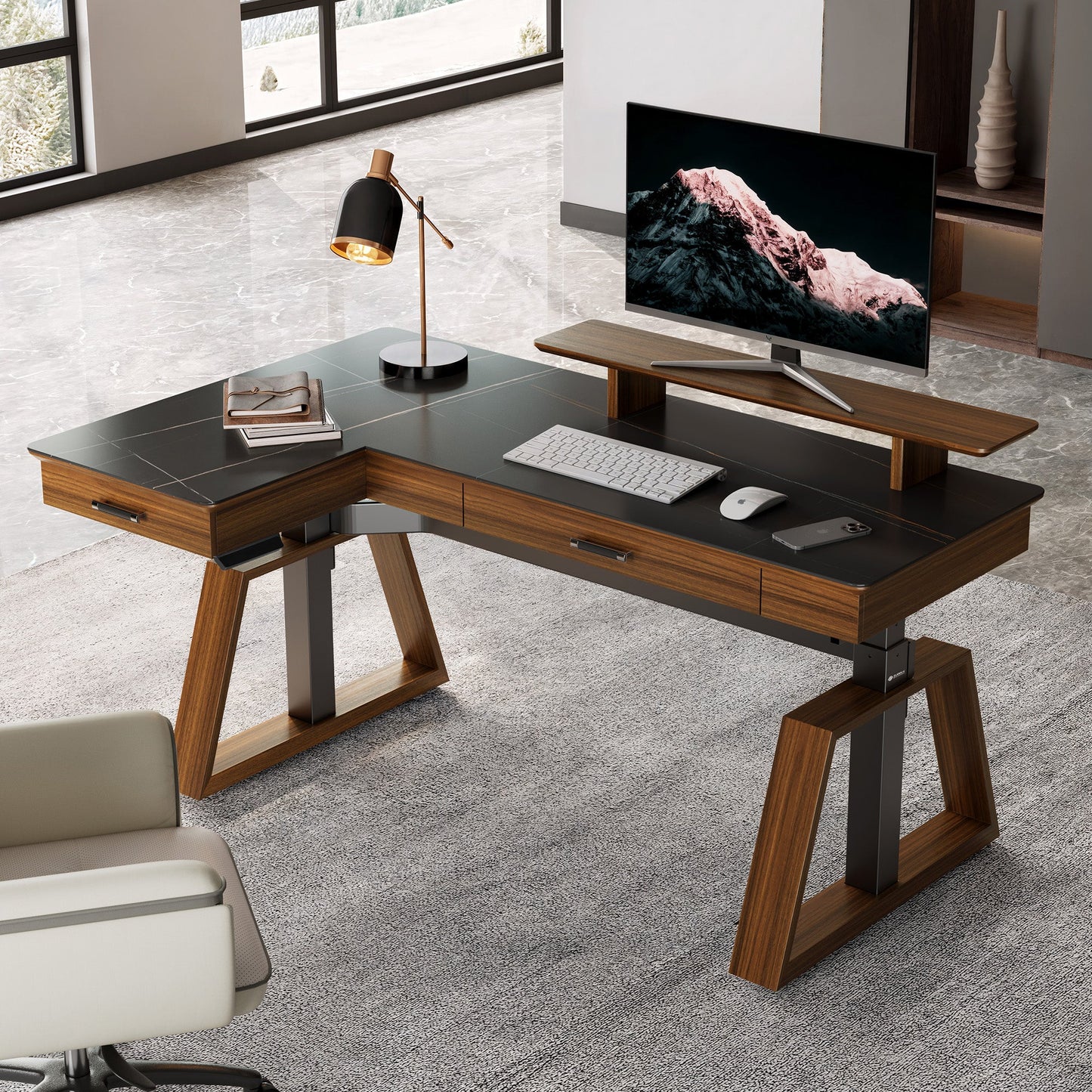 Sollievo Ark Pro L-Shaped Standing Desk (Sintered Stone, 63x23)