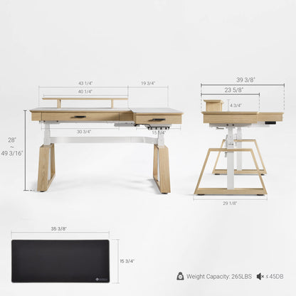 Ark Pro L-Shaped Standing Desk Dimensions, Black Sintered Stone, Height Adjustable, Featuring Dimensions and Max Weight Load.