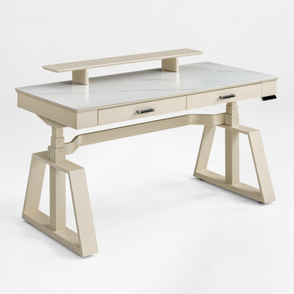 Eureka Ergonomic Ark Standing Desk with white sintered stone top and birch veneer.