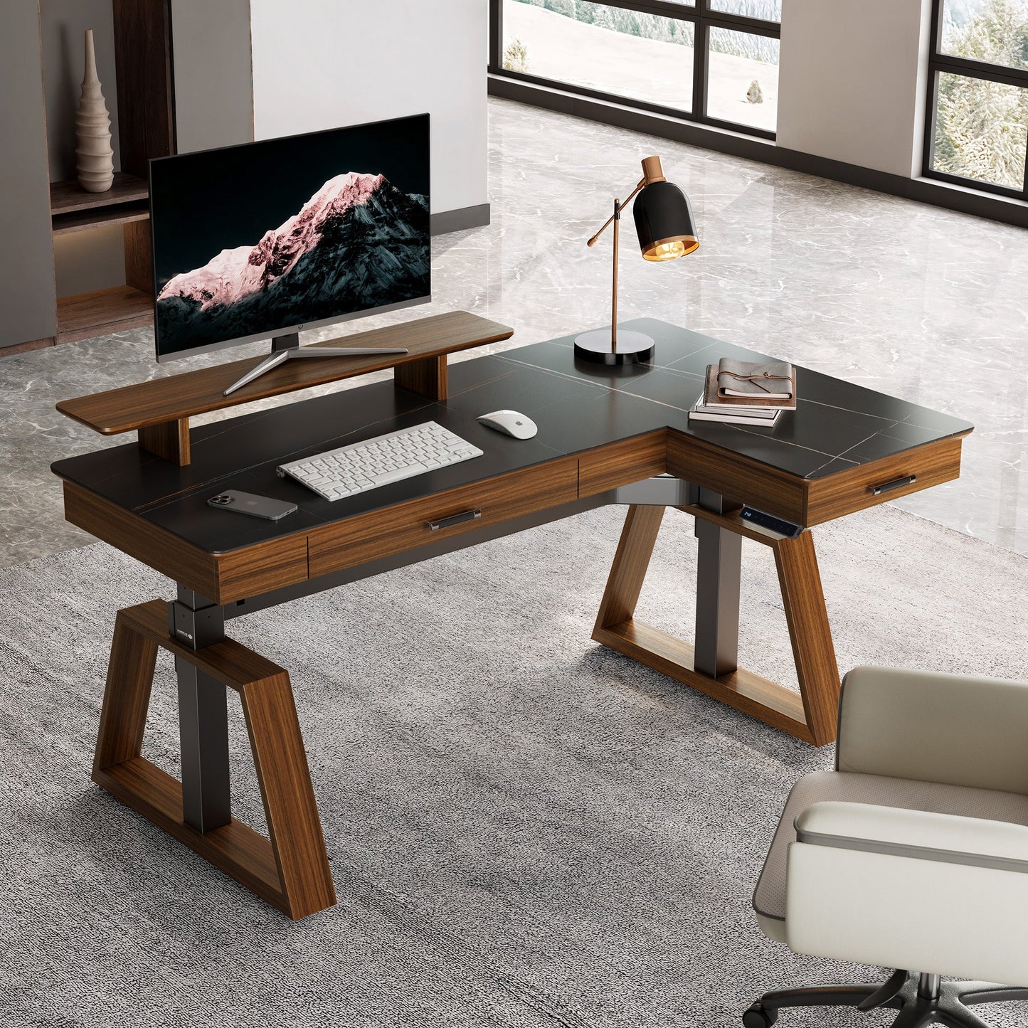 Sollievo Ark Pro L-Shaped Standing Desk (Sintered Stone, 63x23)
