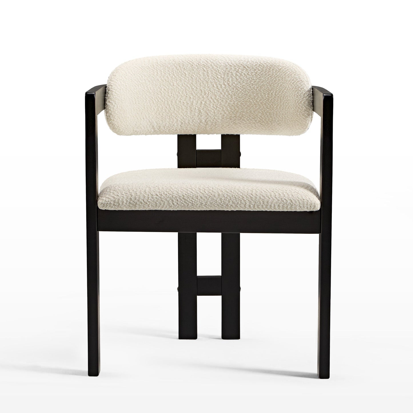 Eureka Ergonomic Ivory boucle dining chair with dark walnut frame, mid-century modern style.