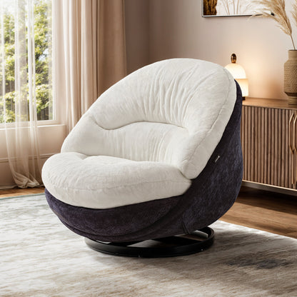 Gloria Swivel Lounge Chair With White Faux Fur Seat and Navy Chenille Back, By Eureka Ergonomic.