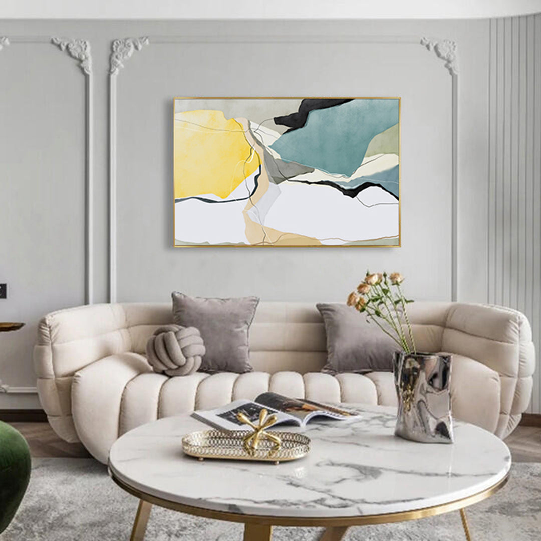 Abstract Wall Art Print WA-01 Above Cream Sofa, Modern Living Room Decor.