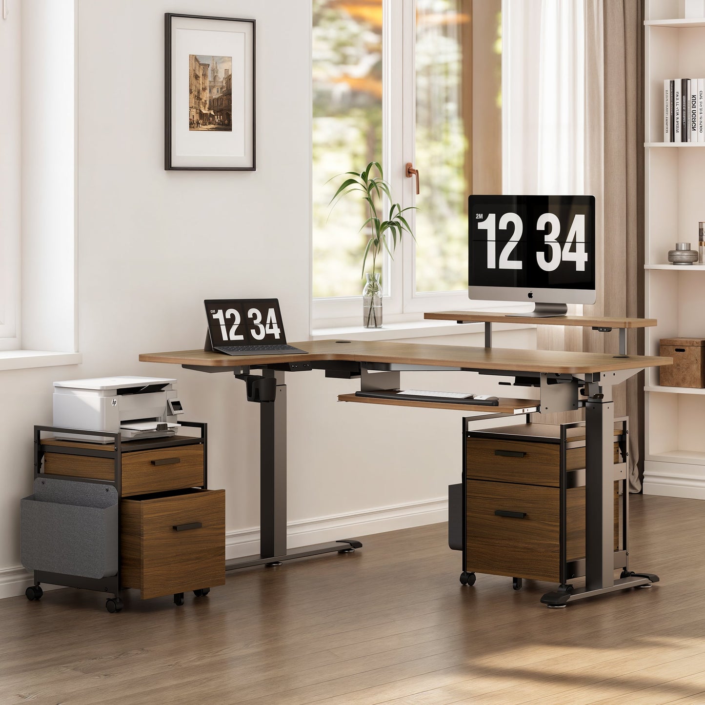 Ergonomic Corner Desk With Rolling File Cabinet, Printer, and Laptop in a Home Office Setup.