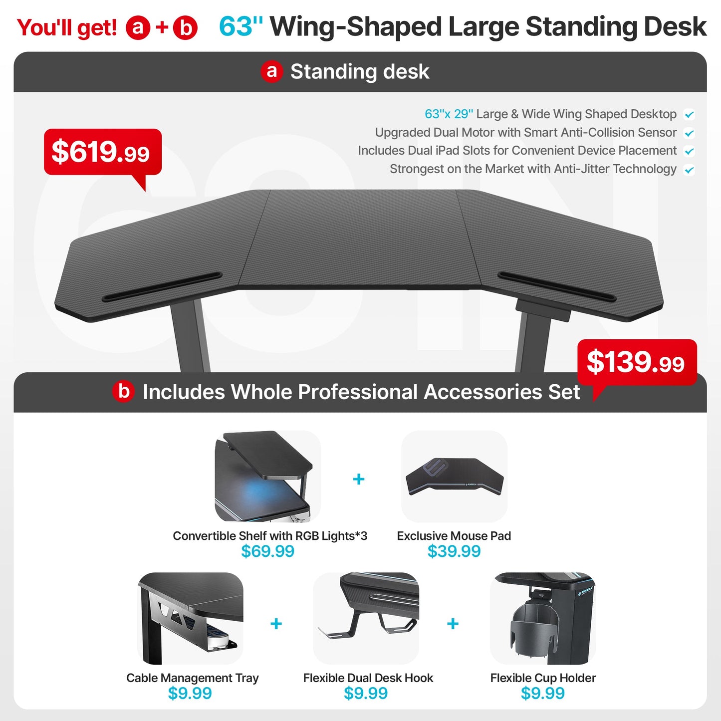 Sollievo Aero Pro Wing-Shaped Standing Desk, 63" x 23"