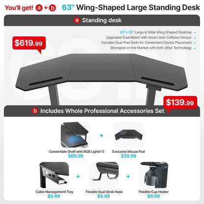 Sollievo Aero Pro Wing-Shaped Standing Desk, 63" x 23"