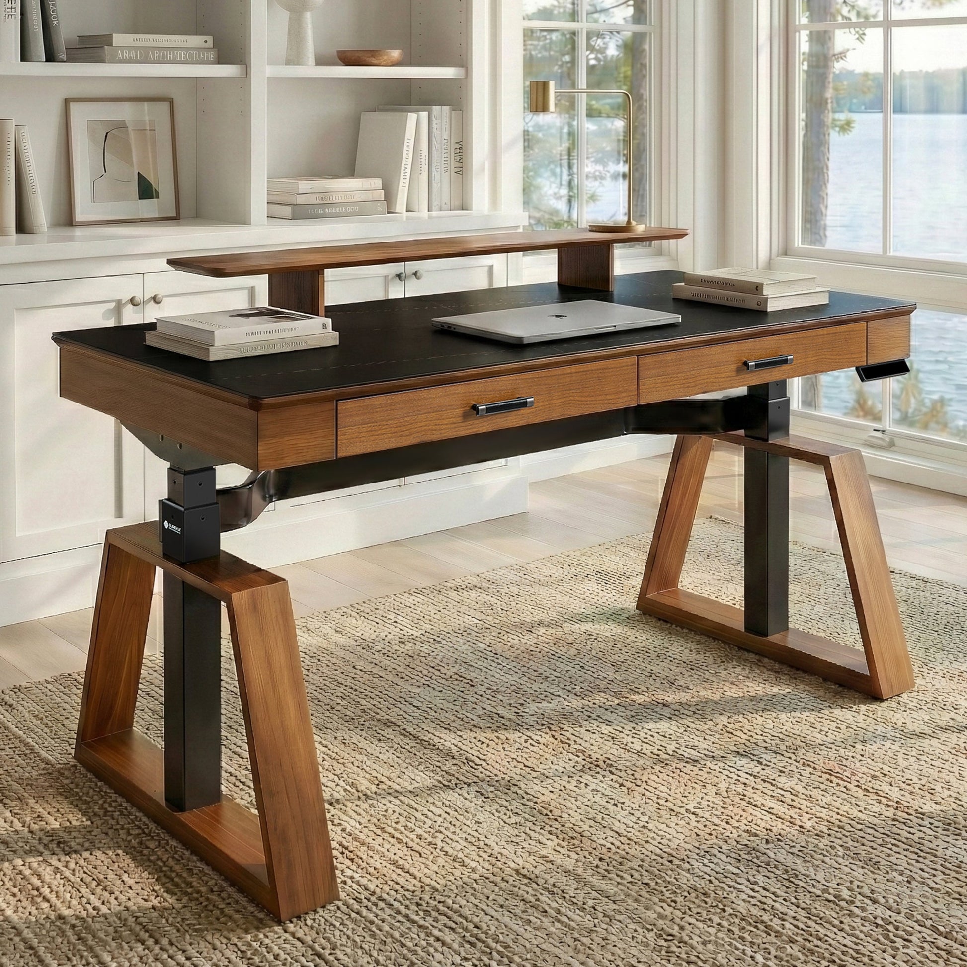Eureka Ergonomic Ark Standing Desk with black sintered stone top and walnut veneer.