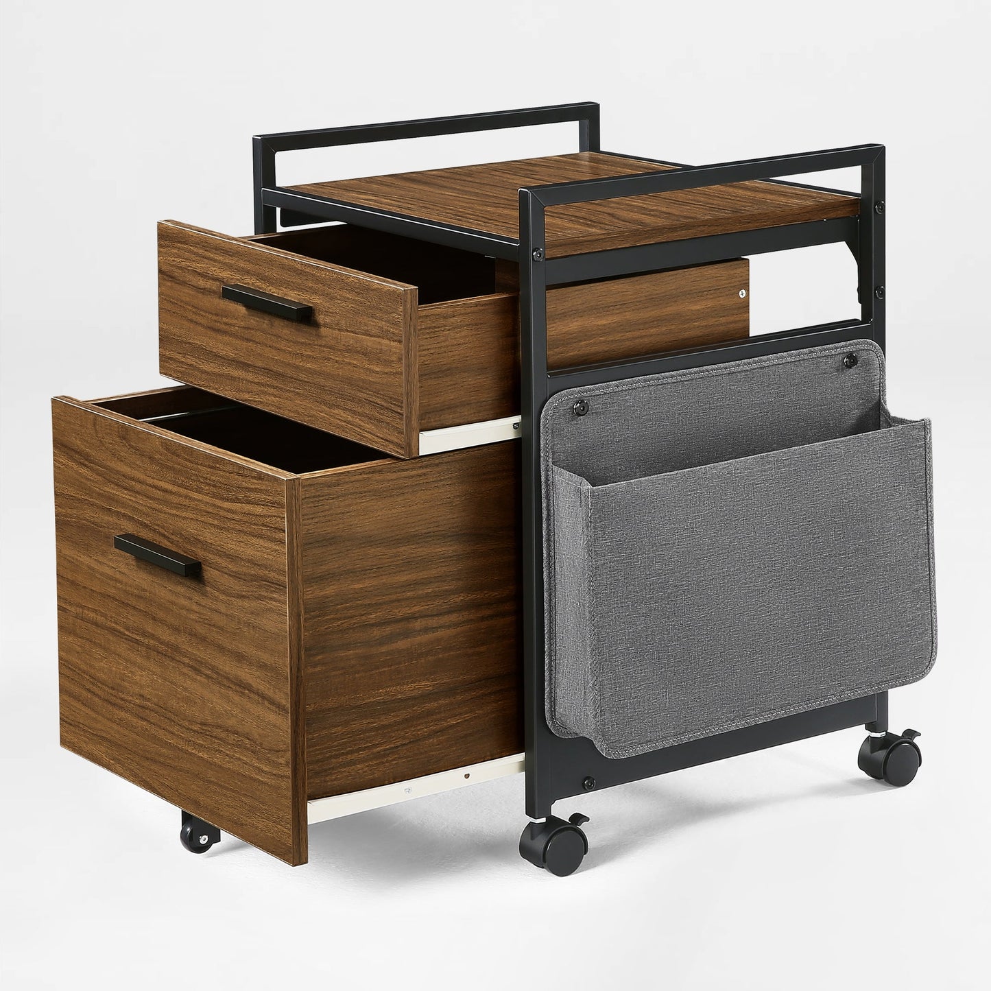 23-Inch Rolling File Cabinet in Rustic Brown With Drawer and Fabric Storage Bag.