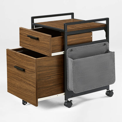 23-Inch Rolling File Cabinet in Rustic Brown With Drawer and Fabric Storage Bag.