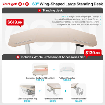Sollievo Aero Pro Wing-Shaped Standing Desk, 63" x 23"