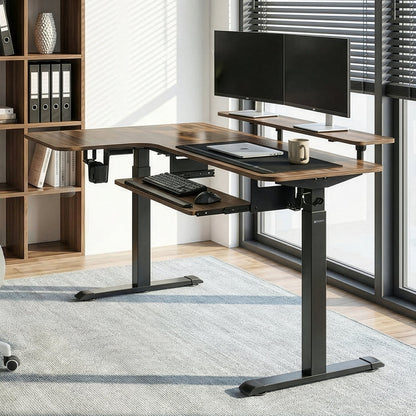 L-Shaped Standing Desk With Monitor Setup, Ergonomic Chair, and Accessories in a Home Office Setting.