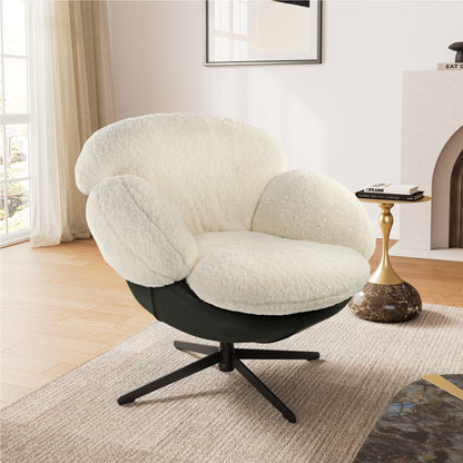 Cara Modern Swivel Lounge Chair in White Lamb Velvet and Black Leather, Neutral Modern Design.