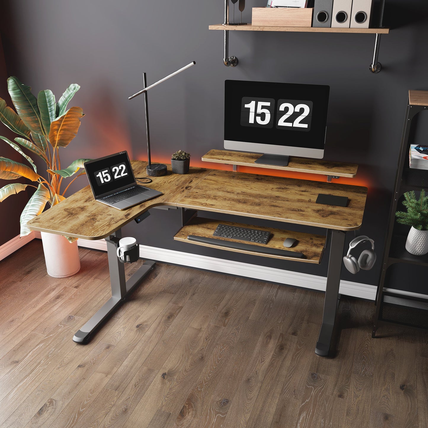 Eureka Ergonomic L-Shaped Standing Desk With Accessories and Maple Top.