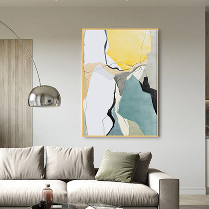 Abstract Wall Art in Gold Frame, Modern Decor With Yellow, Blue, and Gray Shapes.