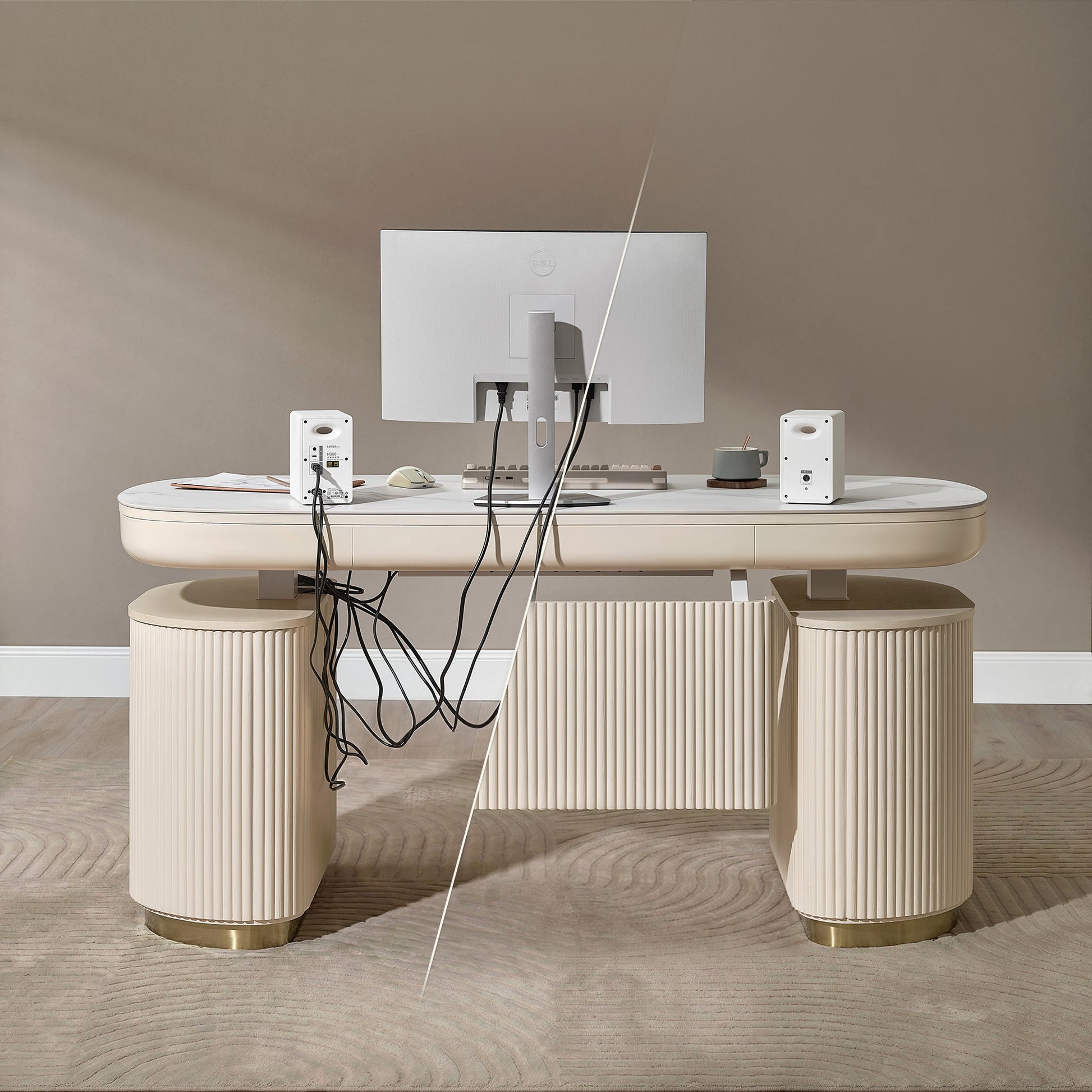 Before and after comparison of Eureka Ergonomic Opal Desk with Modesty Panel for cable management.