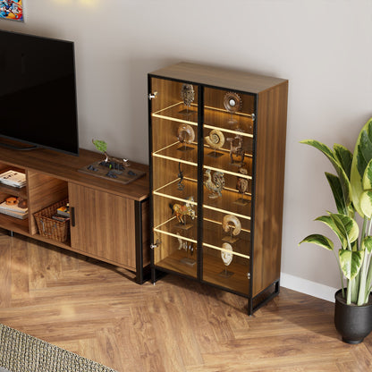Curio Cabinet With Adjustable Shelves, Led Lighting, and Glass Doors, Showcasing Collectibles in a Modern Living Room.
