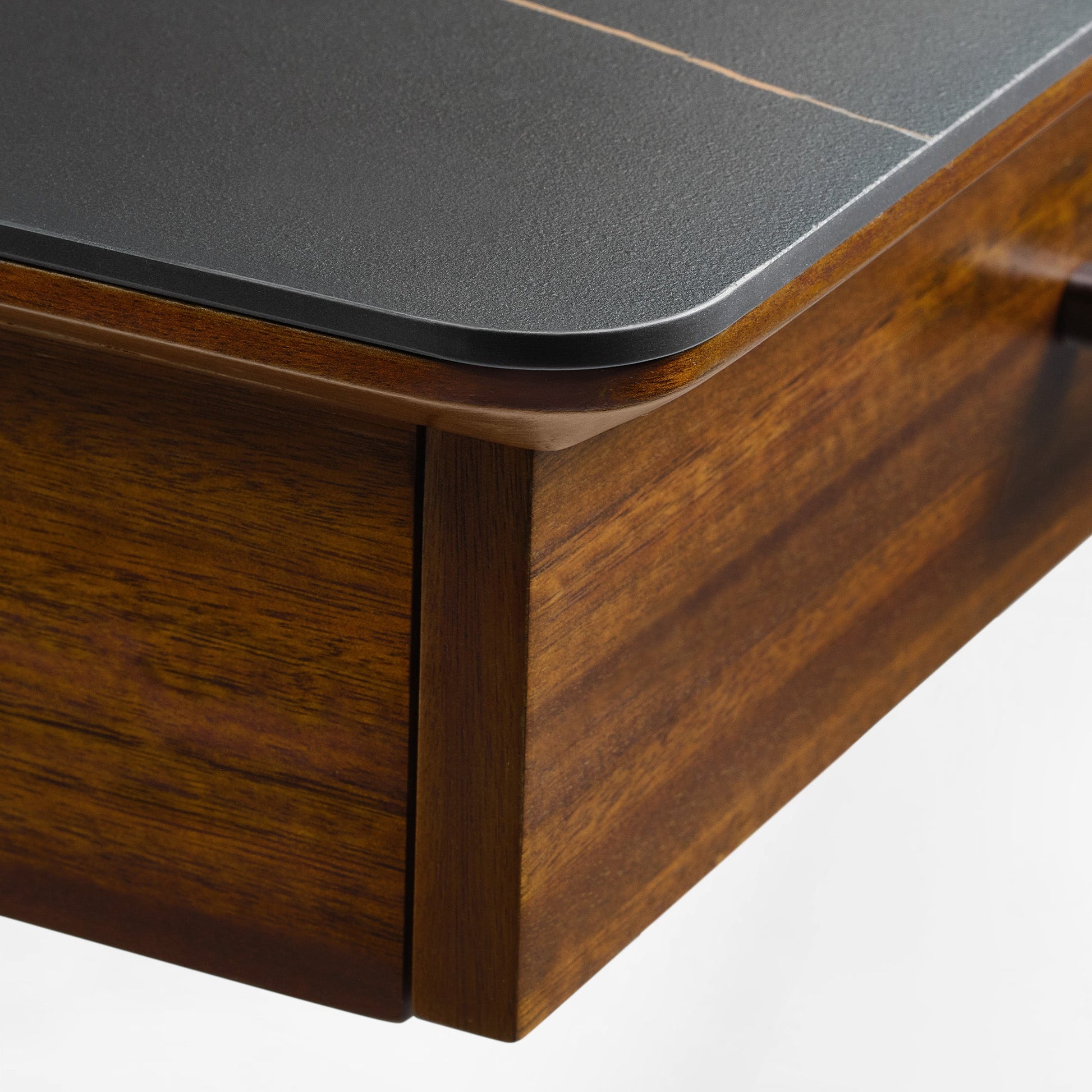 Ark Pro L-Shaped Desk Detail: Black Sintered Stone Top and Wood Frame, Luxury Desk Design.