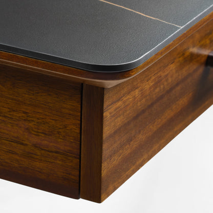 Ark Pro L-Shaped Desk Detail: Black Sintered Stone Top and Wood Frame, Luxury Desk Design.
