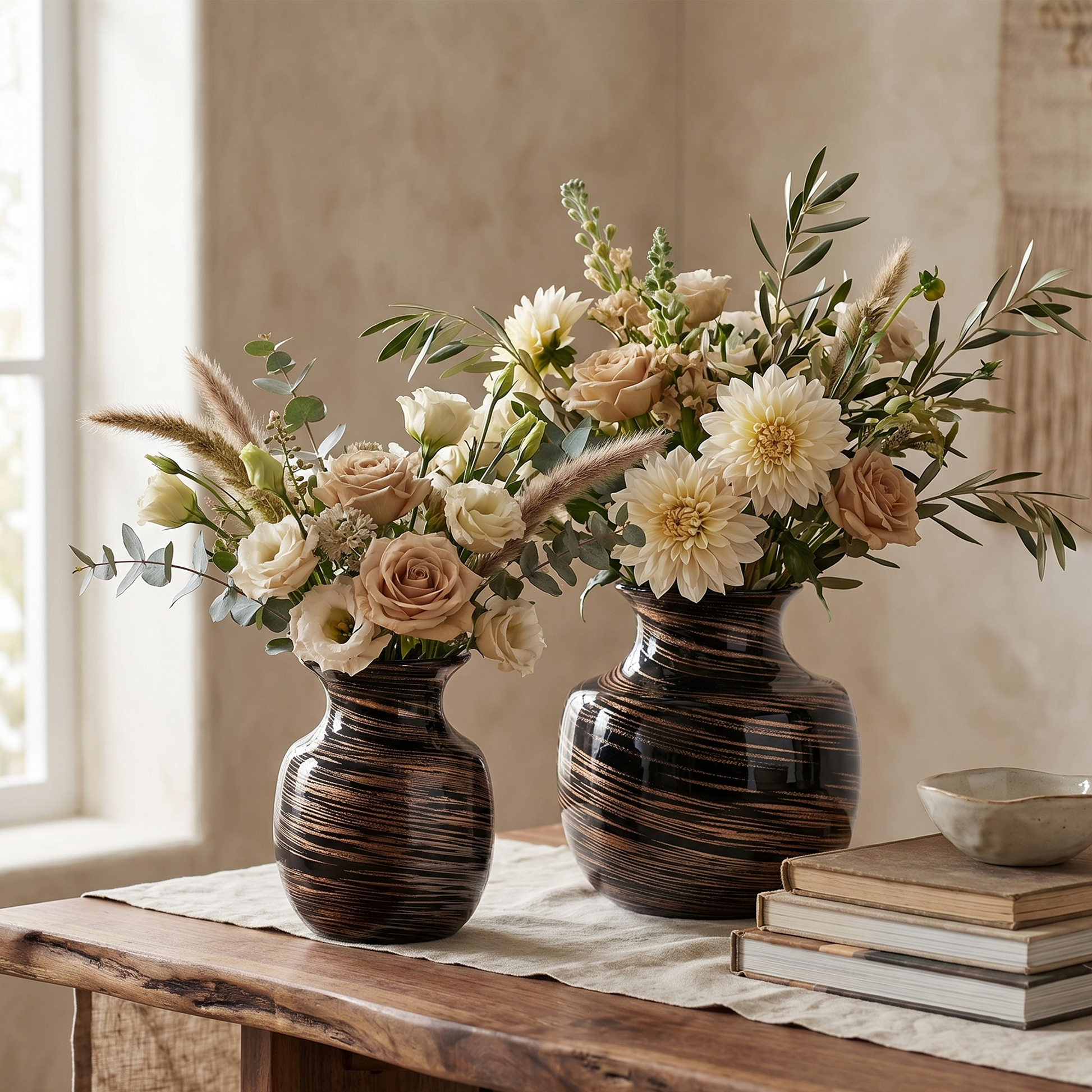 Rustic Vase With Copper and Black Swirl Design, Perfect for Dining Table Or Shelf Decor.