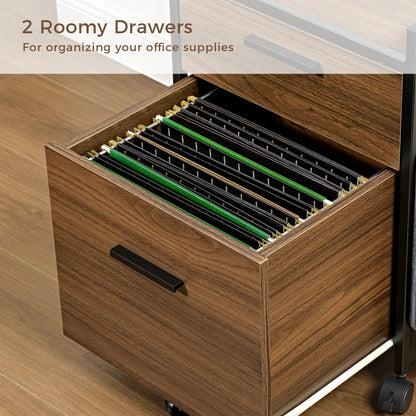 Rustic Brown Rolling File Cabinet With 2 Drawers for Office Supplies Organization.