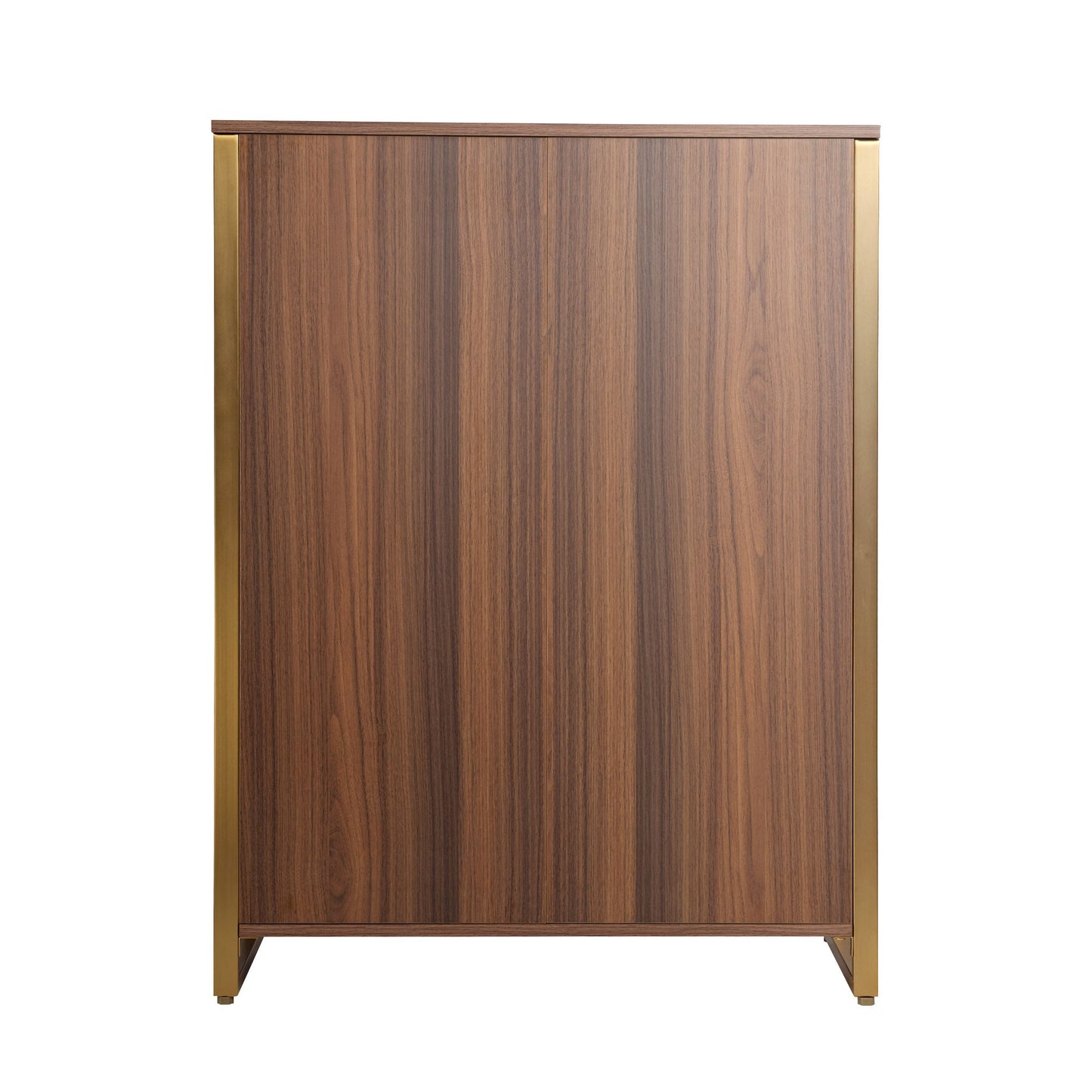 Modern Walnut Chest Dresser With Gold Frame and Wood Grain Detail. 42-Inch Bedroom Storage Cabinet.