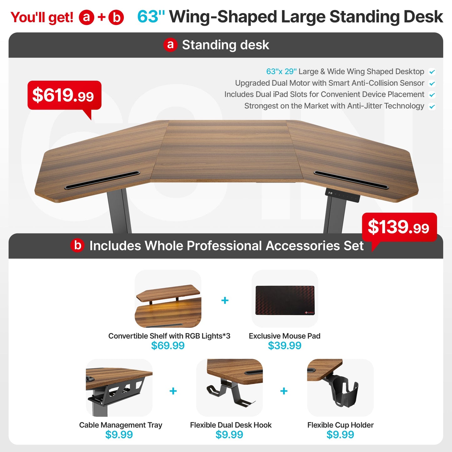 Sollievo Aero Pro Wing-Shaped Standing Desk, 63" x 23"