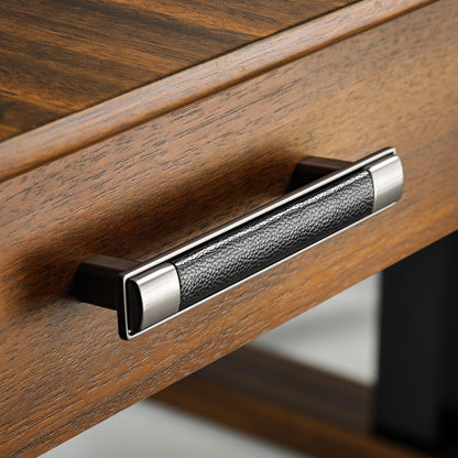 Eureka Ergonomic Ark Pro L-Shaped Desk Drawer Handle: Black Leather Grip, Walnut Wood, and Silver Accents.