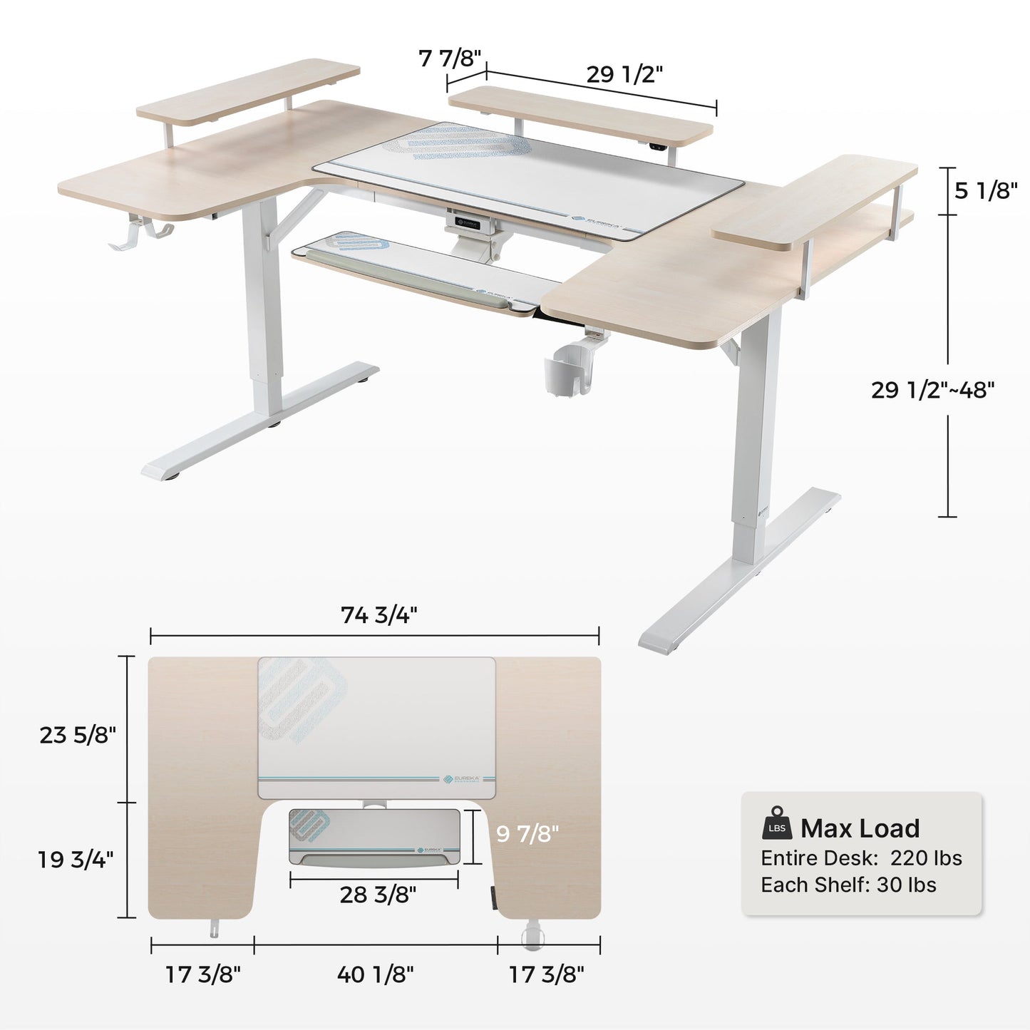 Eureka Ergonomic 74 U-Shaped Standing Desk in Light Wood Finish With Dimensions and Max Load Capacity.