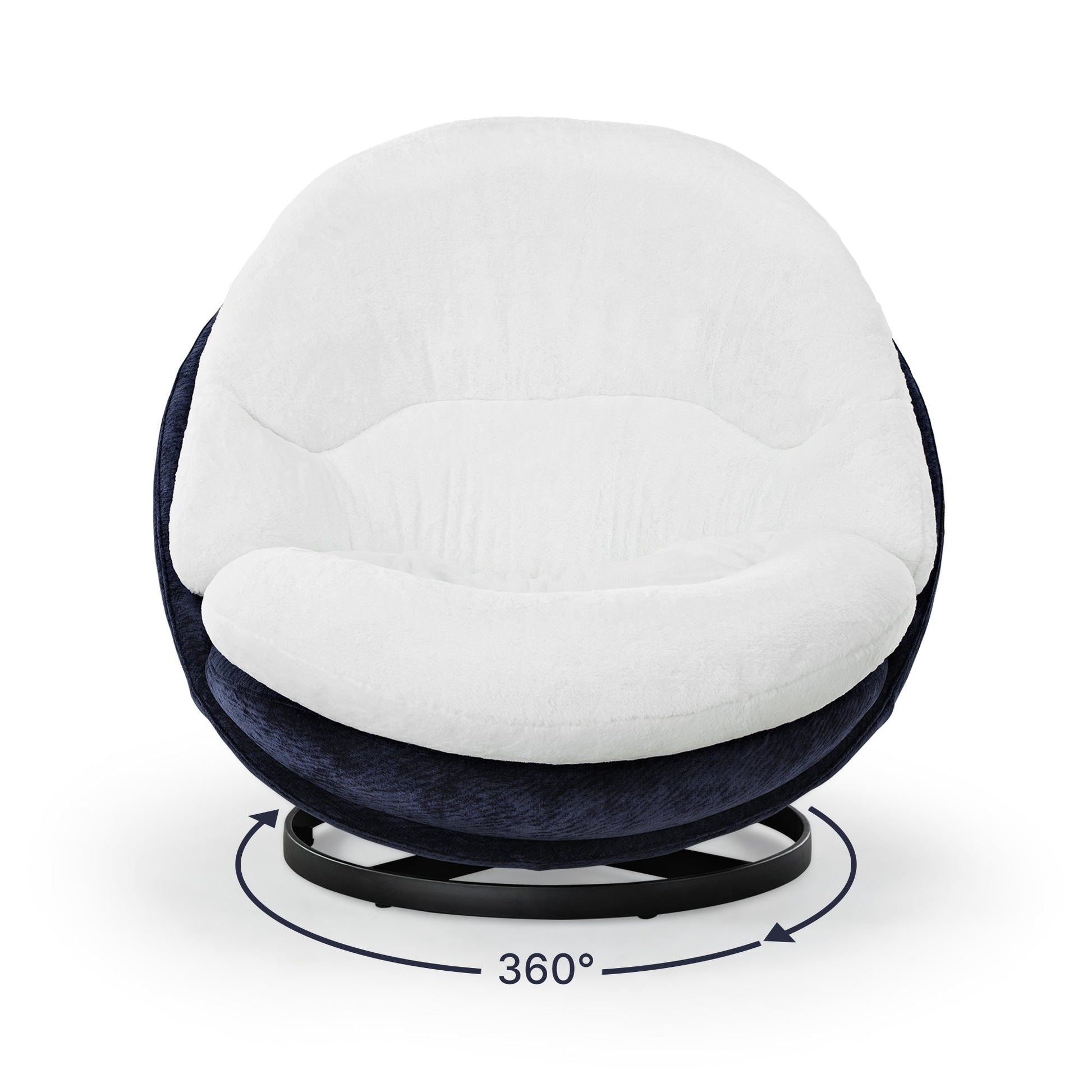 Gloria Swivel Lounge Chair With White Faux Fur Seat and Navy Chenille Back, Featuring 360-Degree Swivel Base.