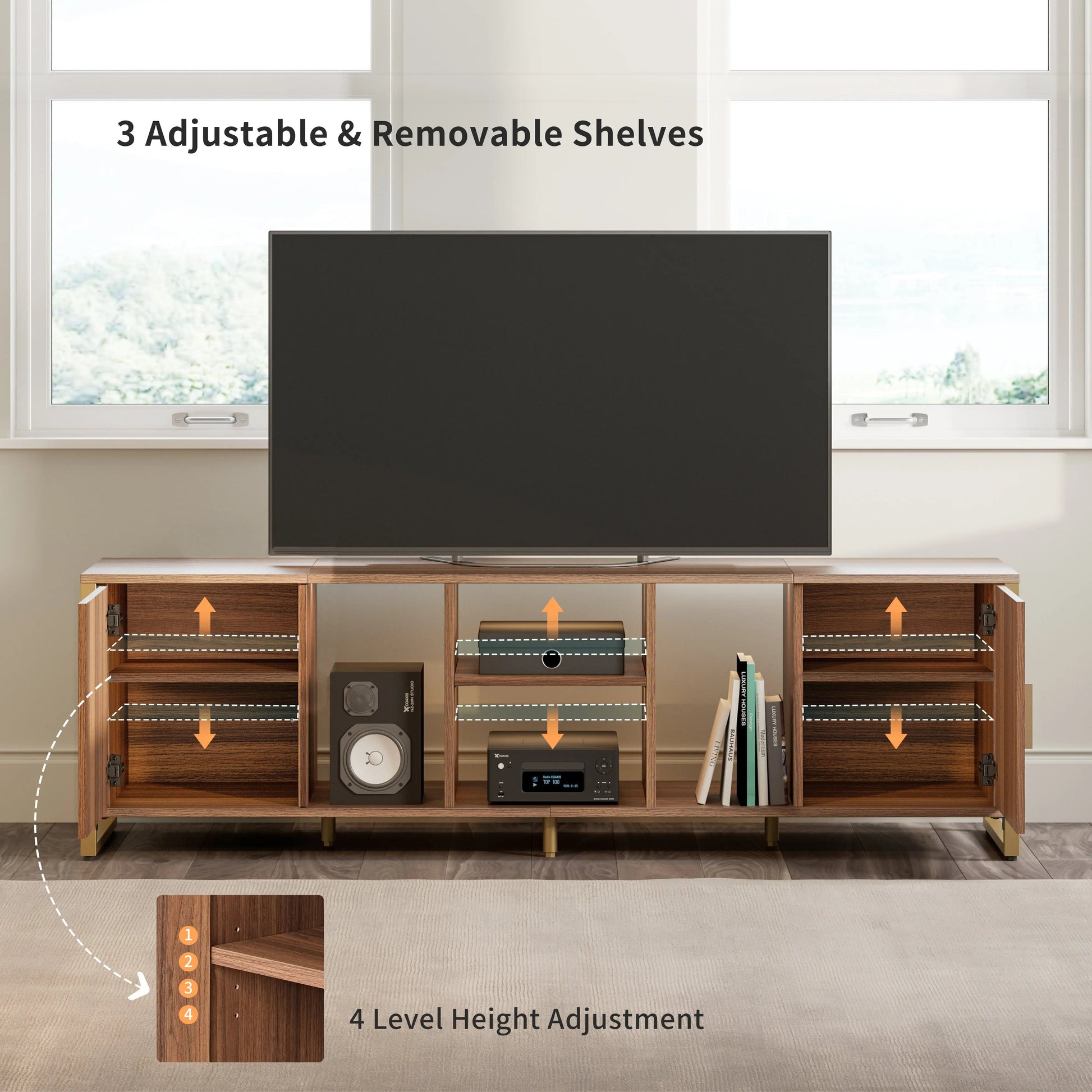 Sonoma 70 Tv Stand With Adjustable Shelves, Wood Grain Finish and Cabinet Doors for Media Storage.