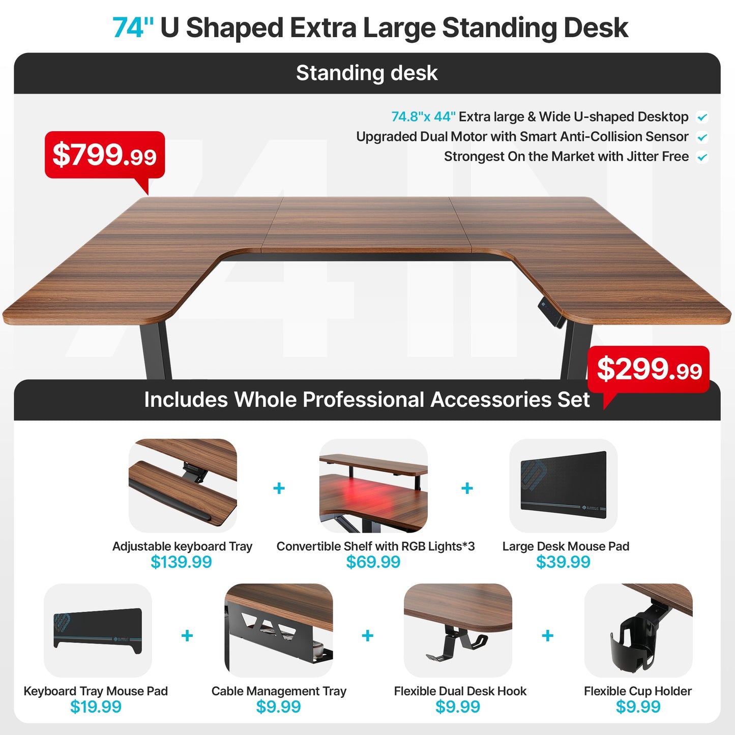 Sollievo U-Shaped Standing Desk with Accessories Set (74x23)