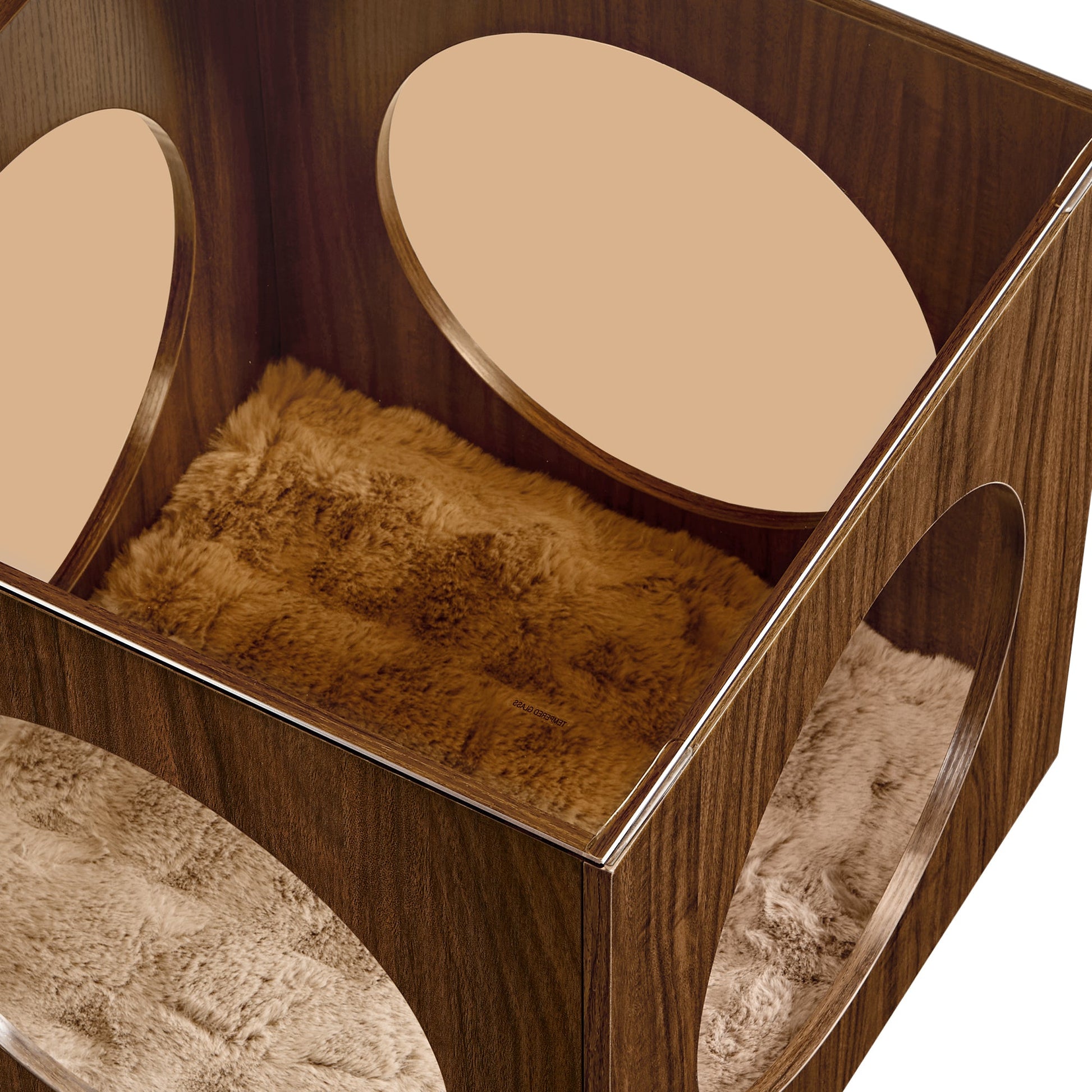 Eureka Ergonomic Dark wood cat bed side table with glass top, featuring plush cushion inside and oval openings for cat access.