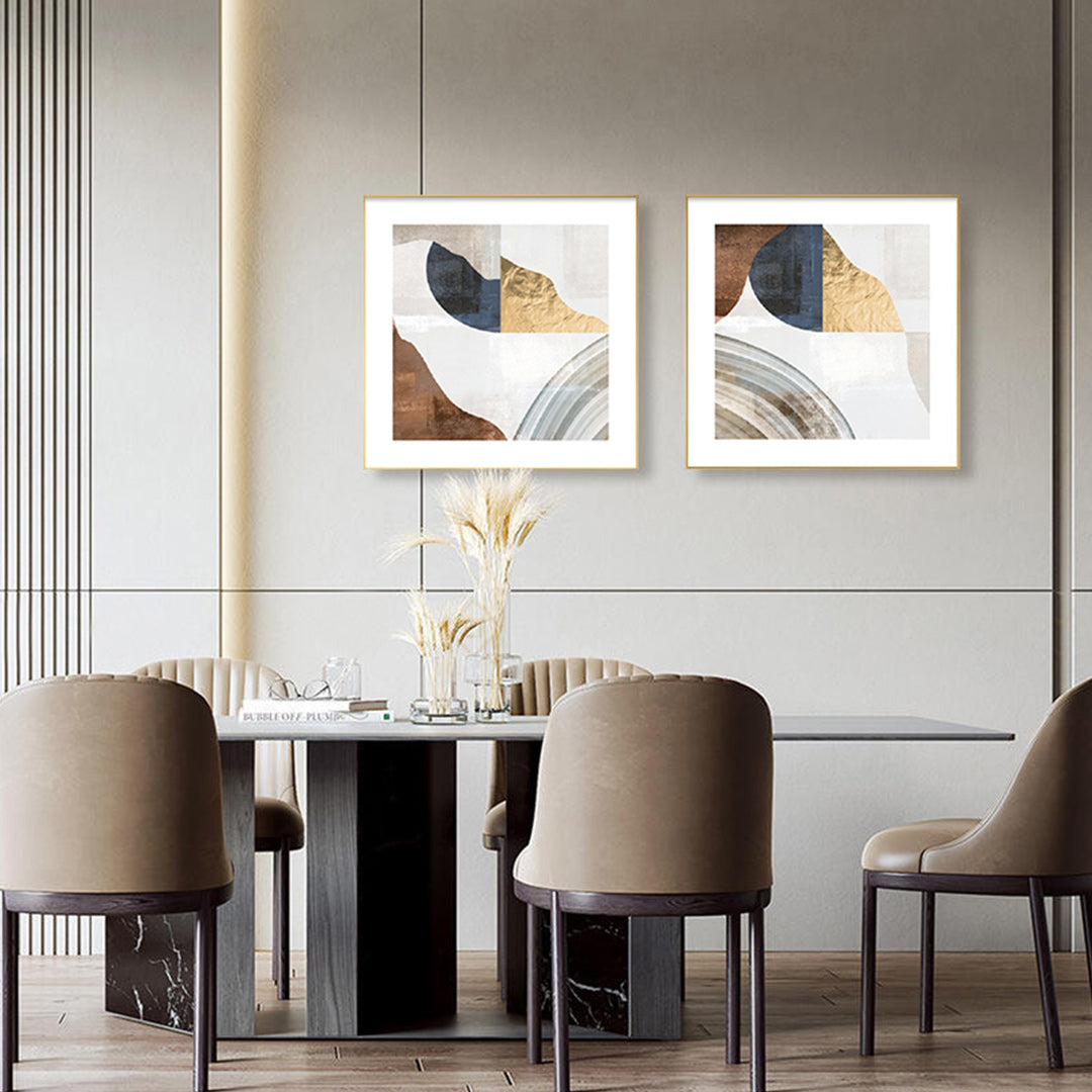 WA-03 Wall Art Set of 2, Abstract Prints in Gold Frames With Geometric Designs, Modern Dining Room Decor.