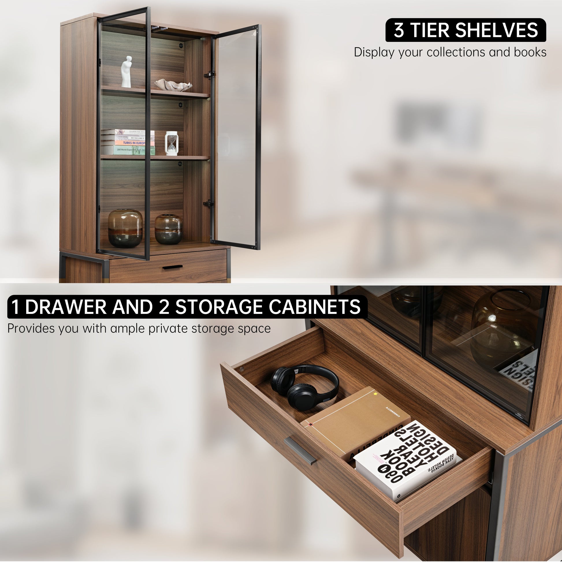 Walnut Bookshelf With Glass Doors and 3-Tier Shelves, Eureka Ergonomic - Display Cabinet.