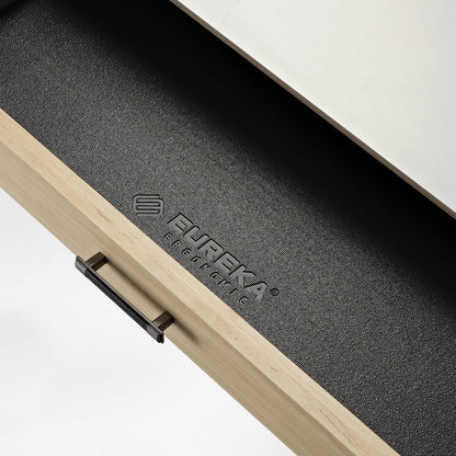 Eureka Ergonomic Desk Drawer Detail, Black Leather Grip, Wood, and Logo.